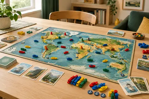 Plateau double face avec cartes, wagons colorés et bateaux disposés sur une table en bois clair.