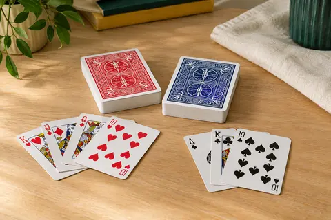 Deux jeux de cartes au dos rouge et bleu, avec quelques cartes face visible sur une table en bois clair.