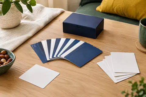 Cartes bleues et blanches en carton disposées près d’une boîte bleu marine sur une table en bois clair