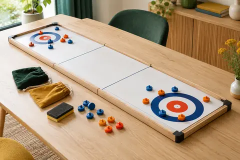 Piste de curling et de palets Engelhart assemblée, avec palets bleus et orange sur un support en bois clair