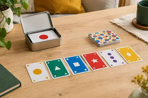Cartes colorées de Punto disposées sur une table en bois clair, avec la boîte métallique à côté