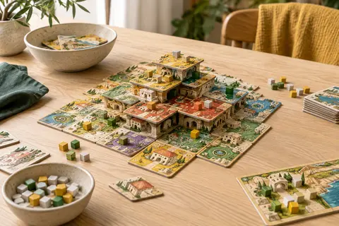 Tuiles multicolores en carton assemblées en cité grecque sur une table en bois clair