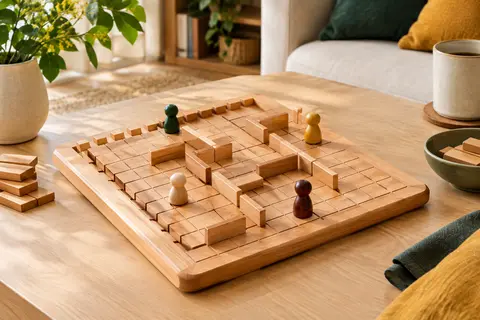 Plateau Quoridor en bois gravé avec pions et barrières en hêtre, accompagné de son sac de rangement