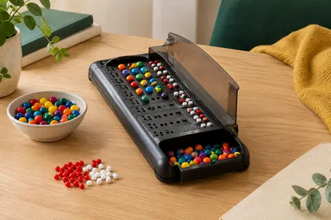Plateau Mastermind avec pions colorés et pions-clés rouges et blancs sur une table en bois clair.