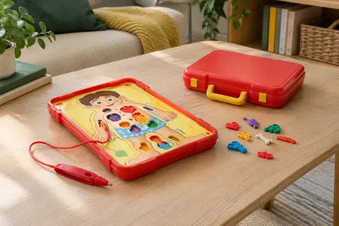 Jeu de plateau Docteur Maboul ouvert avec sa pince, ses petites pièces et sa mallette de rangement