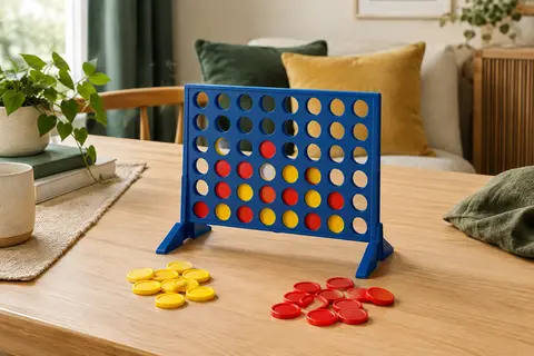 Grille de Puissance 4 en plastique avec des jetons rouges et jaunes sur une table en bois clair
