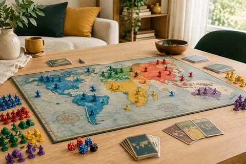 Plateau de conquête Risk avec armées miniatures, cartes et dés disposés sur une table claire.