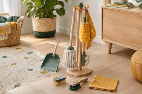 Kit de nettoyage pour enfant en bois de hêtre avec balai, serpillière et accessoires pastel rangés sur leur support.