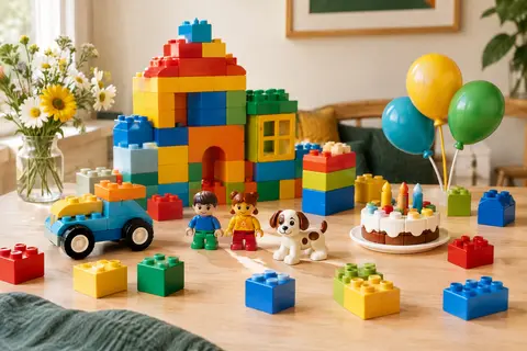 Briques de construction colorées avec deux figurines, un chien, une voiture et des accessoires de jeu