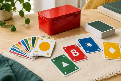 Boîte métallique rouge Uno Deluxe, cartes colorées, carnet de score et crayon sur une table en bois clair