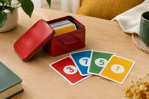 Boîte métallique rouge contenant un jeu de cartes, avec quelques cartes posées sur une table en bois clair.
