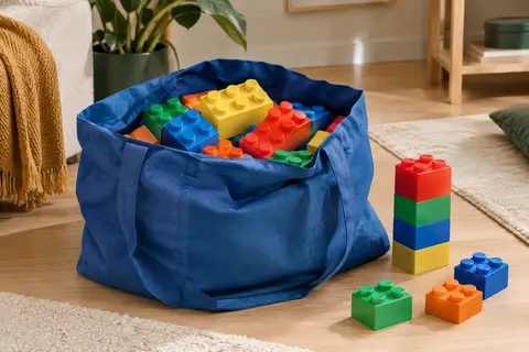 Sac bleu ouvert avec de grands blocs de construction colorés, dont quelques pièces assemblées en tour