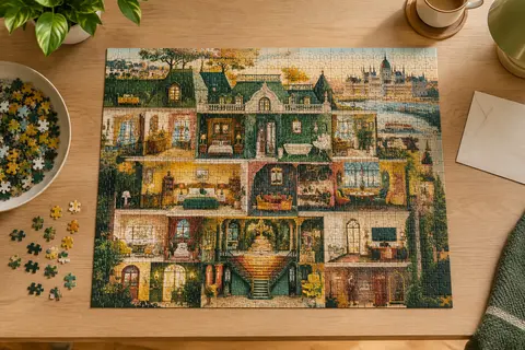 Puzzle Quokka de 1 000 pièces assemblé sur une table, avec son illustration détaillée d’hôtel mystérieux.