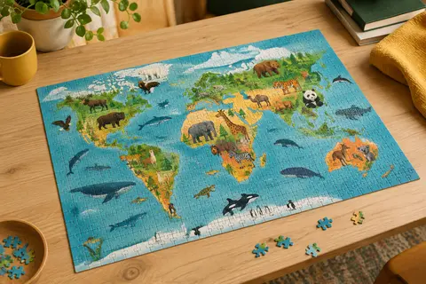 Puzzle Ravensburger assemblé, carte du monde colorée avec des animaux représentant les différents continents