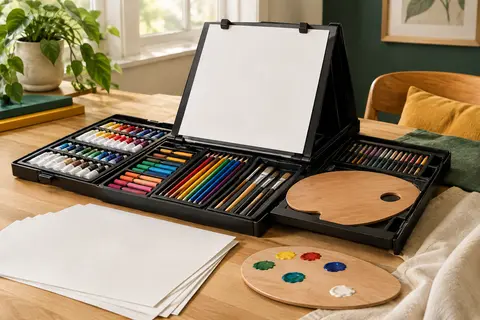Coffret d’artiste ouvert avec peintures, pinceaux et chevalet de table installé sur une table en bois clair