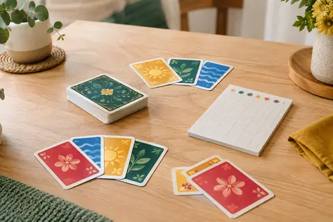 Cartes multicolores et cartes étoilées de SKYJO Action disposées sur une table en bois clair