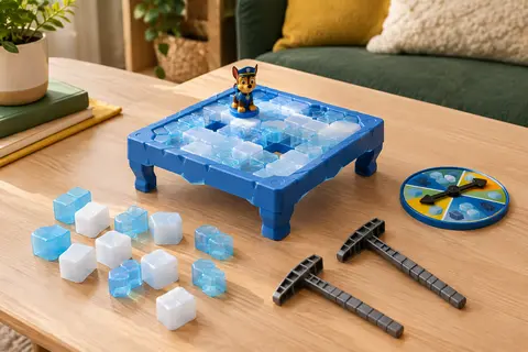 Jeu Don’t Drop Chase avec plateau, blocs de glace, roue, figurine de Chase et deux marteaux.
