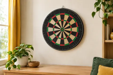Cible ronde Winmau en sisal avec segments colorés et anneau numéroté, fixée sur un panneau de bois clair.