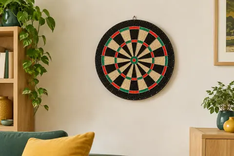 Cible ronde de fléchettes en sisal présentée sur un mur clair dans une pièce rangée et lumineuse.