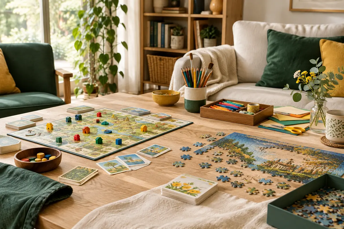 Jeux de société, puzzle et matériel créatif réunis pour une activité conviviale à la maison